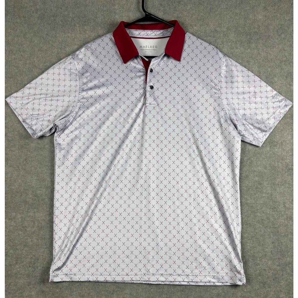 MAELREG Performance Polo Golf‎ Shirt Crossed Clubs Print Large Gray Burgundy